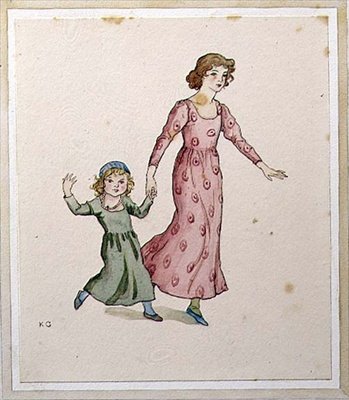 Dvě malé holčičky ve společenských šatech (akvarel na papíře) od Kate Greenaway