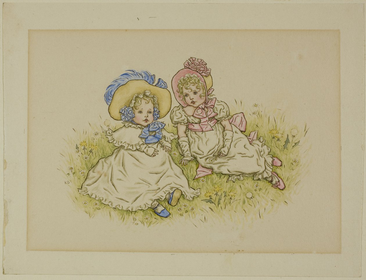 Dvě malé holčičky s čepicemi od Kate Greenaway