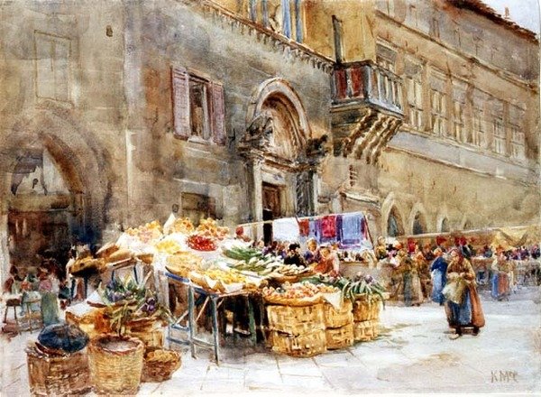 Před domem kapitána lidu, Perugia, kolem roku 1906 (wc) od Katharine McCracken