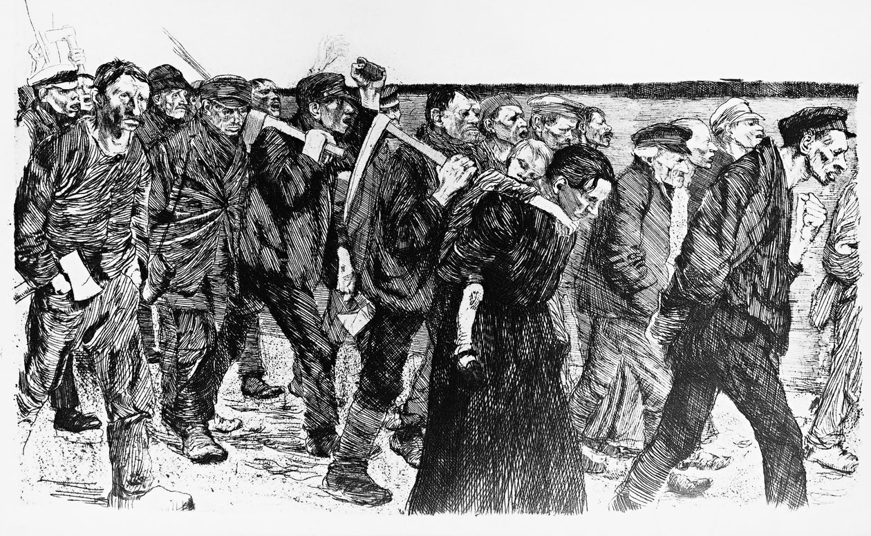 Demonstrace dělníků, ilustrace Kathe Kollwitz (1867-1945) k opeře Die Weber (Tkalci) od Käthe Kollwitz