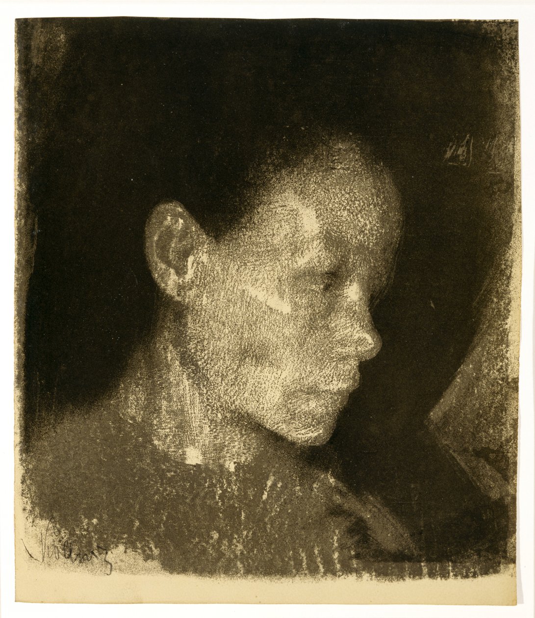 Hlava pracující ženy z tříčtvrtečního profilu otočená doprava, 1905 (litografie na hnědém papíře) od Käthe Kollwitz