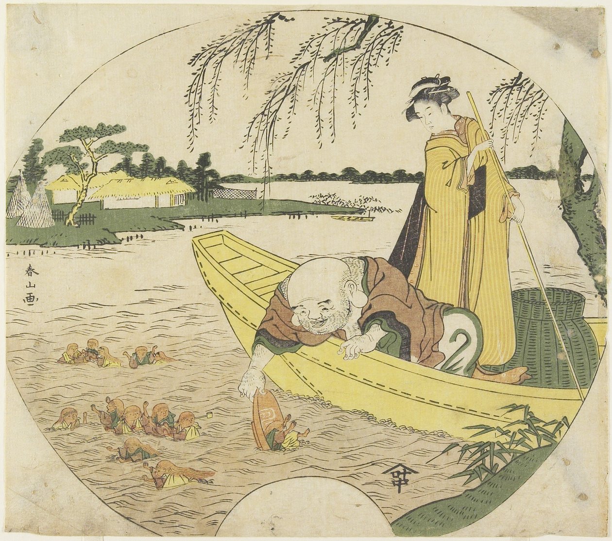 (Hotei God na člunu, který chytá Sho_jo_ Gobliny s pohárem Sake), 1782-1789 od Katsukawa Shunzan