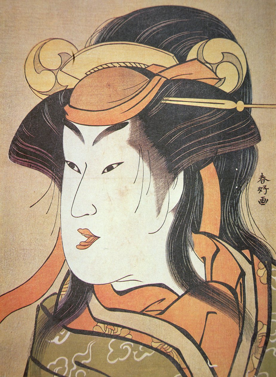 Hlava japonského mužského herce v ženské roli, cca 1787-1788 (dřevotisk) od Katsukawa Shuncho