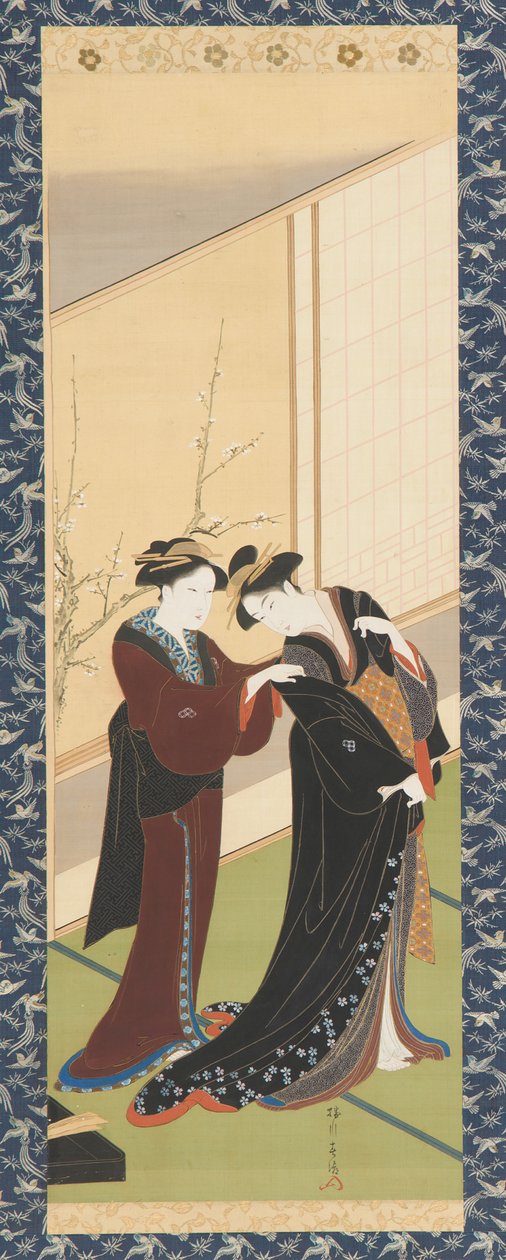 Interiér: žena pomáhající dívce oblékat se, období Edo, 1726-1792. od Katsukawa Shuncho