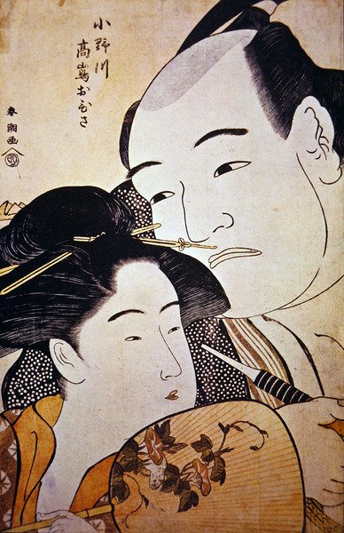 Japonský zápasník Onagawa a dívka z čajovny Ohisa, kolem roku 1792 (dřevěný tisk) od Katsukawa Shuncho