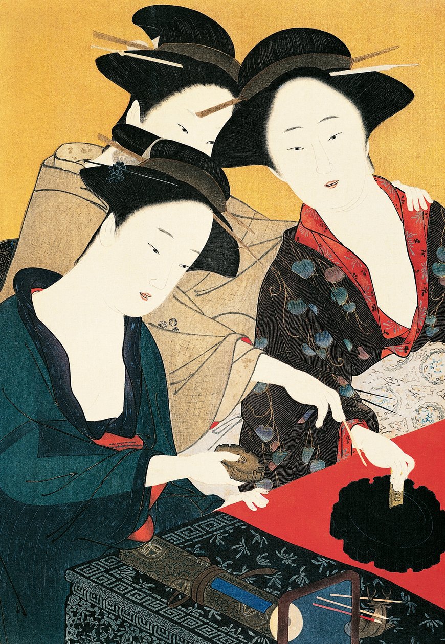 Tři ženy kolem inkoustové fontány, umělkyně ze školy Katsukawa Shunsho (1726-1792), Japonsko, japonská civilizace od Katsukawa Shuncho