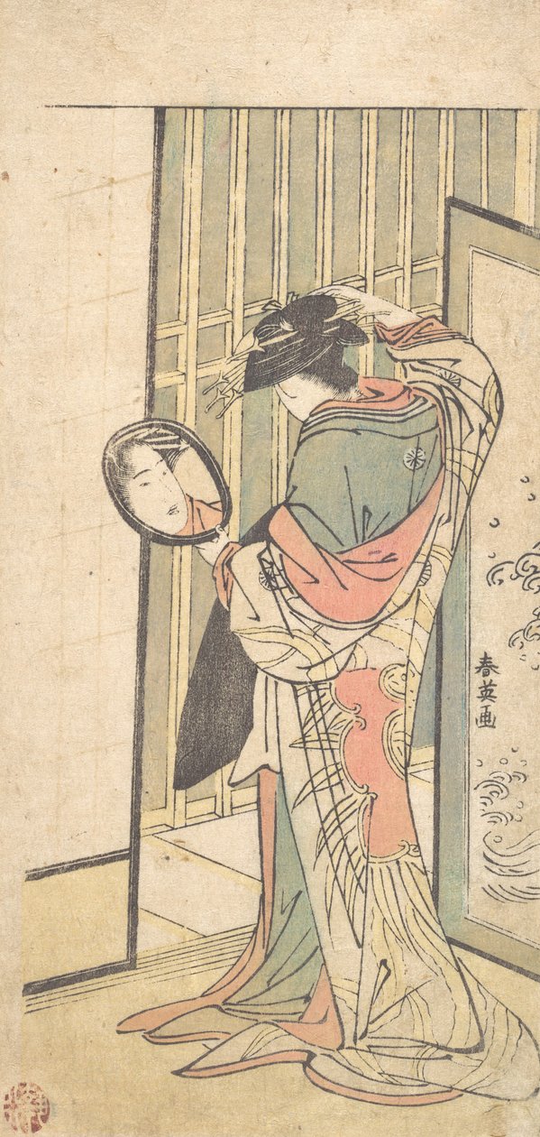 Kurtizána při pohledu na její odraz v ručním zrcadle, ca. 1787. od Katsukawa Shun