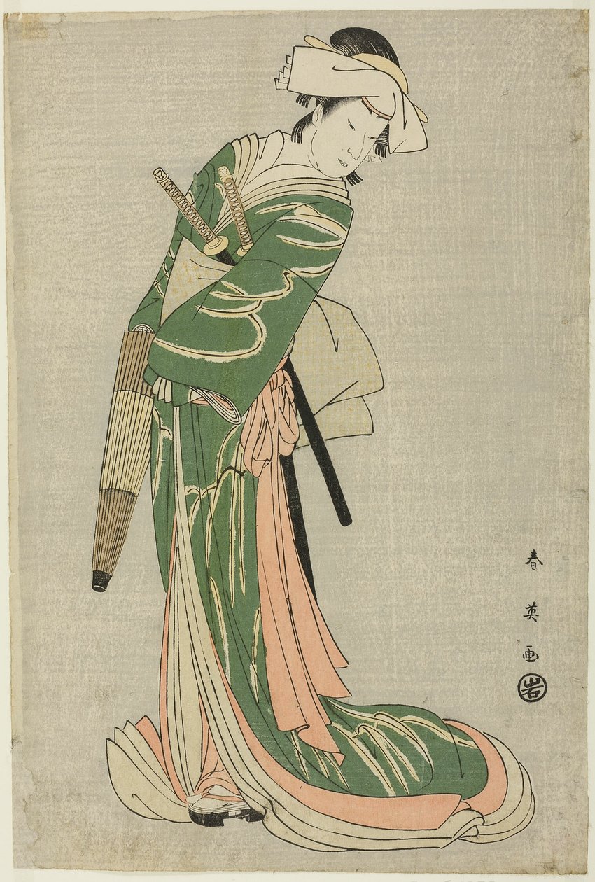Herec Nakamura Noshio II jako Tonase ve filmu Model for Kana Calligraphy: Kanadehon chûshingura" (Pokladnice 47 věrných strážců) od Katsukawa Shun