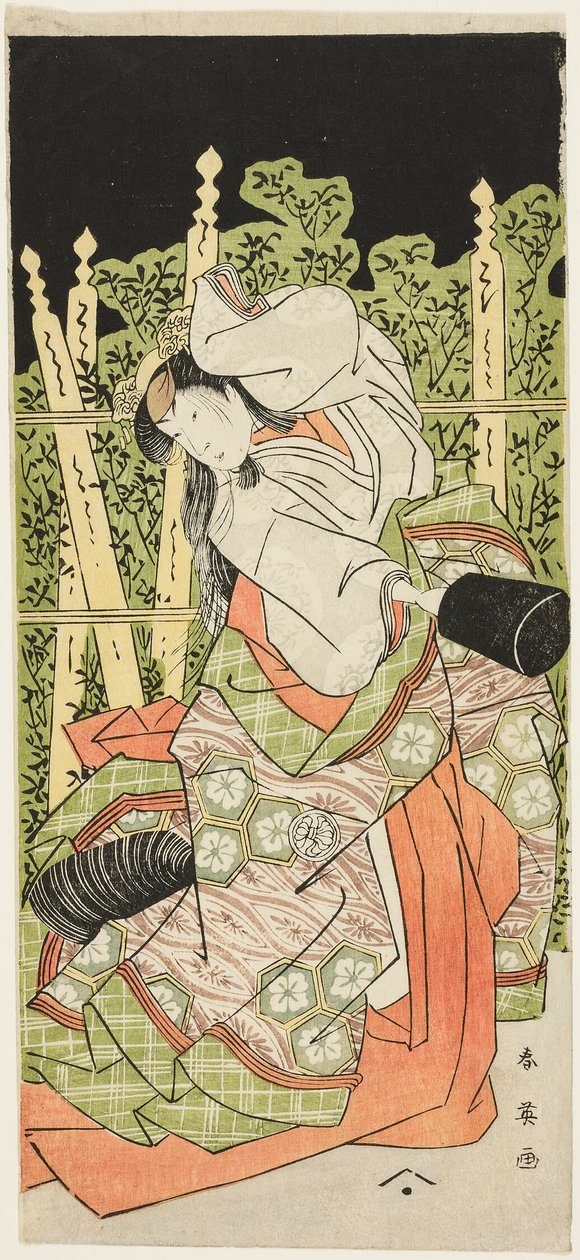 Herec Segawa Kikunojô III Možná jako Ono no Komachi ve filmu "Komachi Village: Nový rok v divadle ("Komachimura shibai no shôgatsu") od Katsukawa Shun