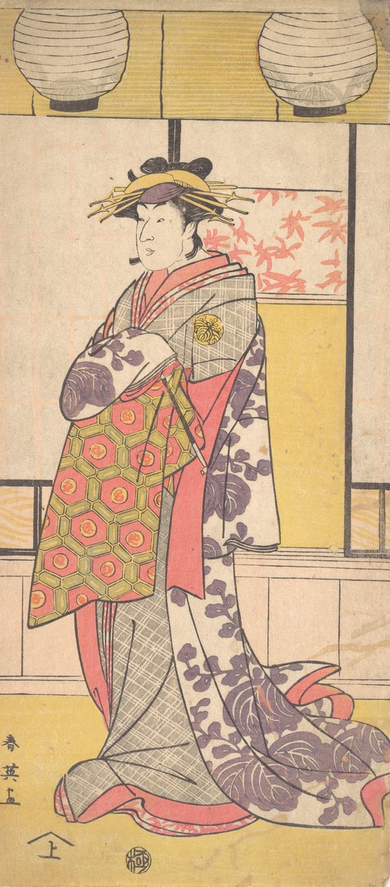 Nakayama Tatezo jako kurtizána stojící, čelem doleva, ca. 1792-93. od Katsukawa Shun