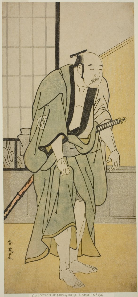 Herec Asao Tamejuro I. jako opilý Gotobei ve hře Yoshitsune Koshigoe Jo, která se hrála v divadle Ichimura v devátém měsíci roku 1790 od Katsukawa Shun