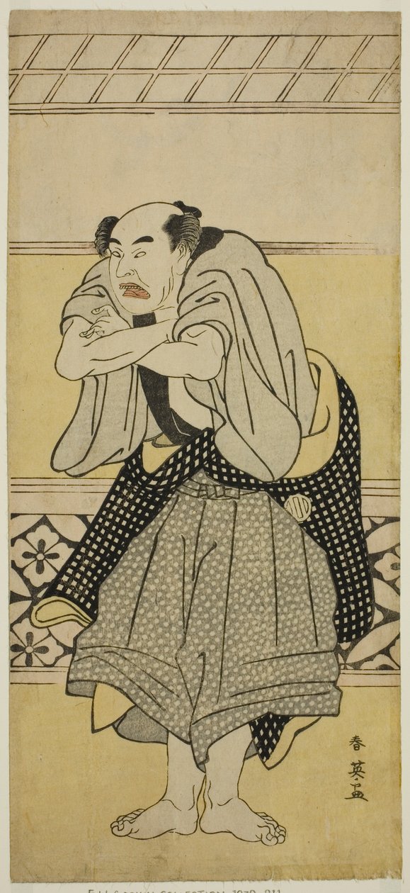 Herec Asao Tamejuro I. jako opilý Gotobei ve hře Yoshitsune Koshigoe Jo, která se hrála v divadle Ichimura v devátém měsíci roku 1790 od Katsukawa Shun