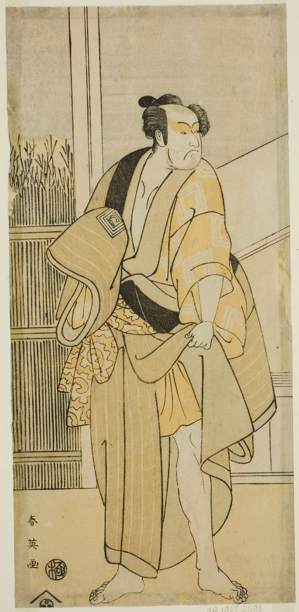 Herec Ičikawa Monnosuke II jako Hiranoja Tokubei () ve hře Waka Murasaki Edokko Soga (), která se hrála v divadle Ichimura () ve třetím měsíci roku 1792 () od Katsukawa Shun