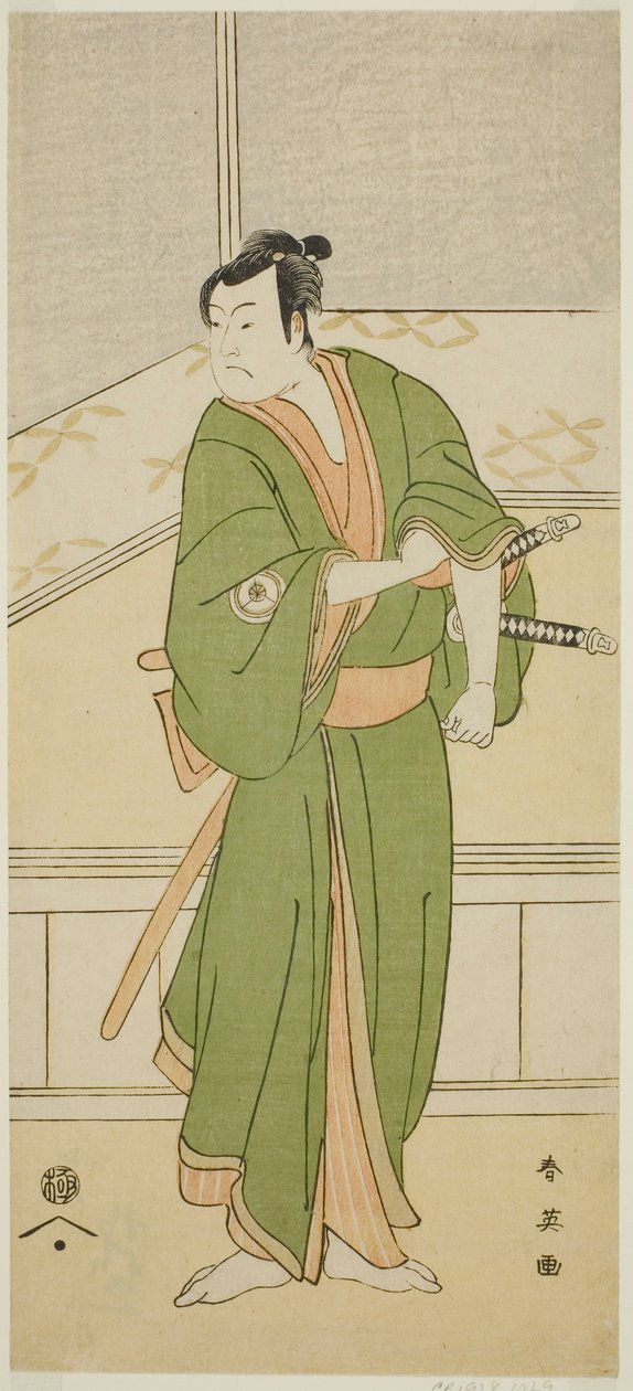 Herec Iwai Hanshiro IV. jako Shirai Gompachi ve hře Gozen-gakari Sumo Soga, která se hrála v divadle Kawarazaki ve druhém měsíci roku 1793 od Katsukawa Shun