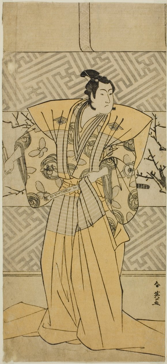 Herec Iwai Hanshiro IV jako Soga no Goro Tokimune ve hře Koi no Yosuga Kanegaki Soga, která se hrála v divadle Ichimura v prvním měsíci roku 1789 od Katsukawa Shun