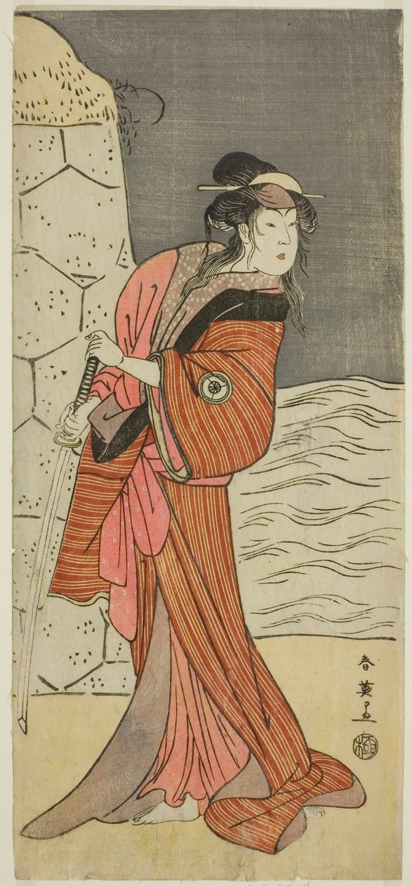 Herec Iwai Hanshiro IV jako Yaegushi no Oroku () ve hře Keisei Kogane no Hakarime (), která se hrála v divadle Kawarazaki () ve třetím měsíci roku 1792 () od Katsukawa Shun