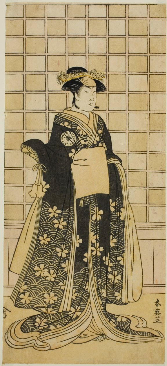 Herec Iwai Kiyotaro II jako paní Itohagi () ve hře Gendži Saiko Kogane Tachibana (), hrané v divadle Ichimura () v jedenáctém měsíci roku 1788 () od Katsukawa Shun