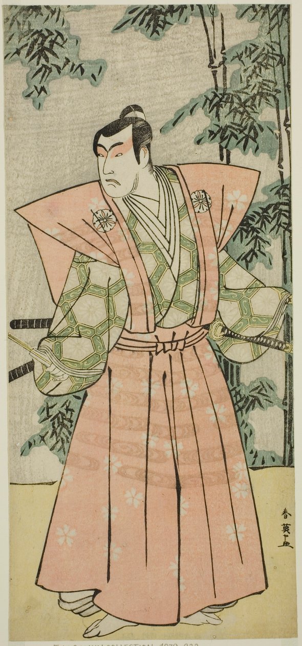 Herec Matsumoto Koshiro IV jako Hatakeyama Shigetada v převleku za Honjo Soheijiho () ve hře Edo no Fuji Wakayagi Soga (), hrané v divadle Nakamura () v prvním měsíci roku 1789 () od Katsukawa Shun