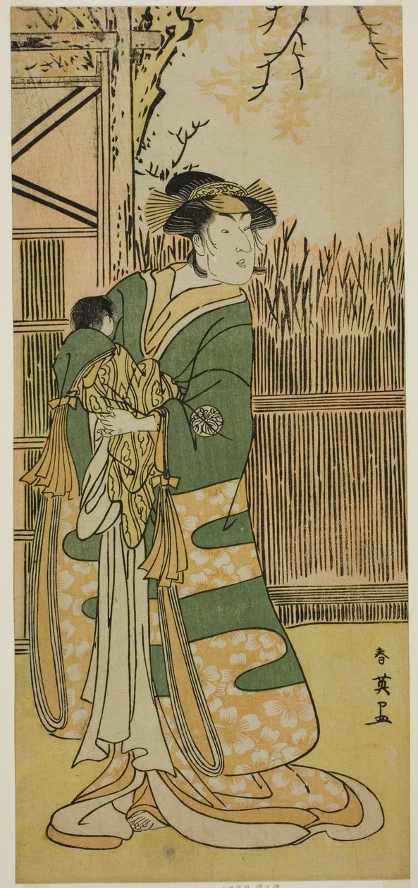 Herec Nakajama Tomisaburo I. jako paní Tokiwa (Tokiwa Gozen) () ve hře Kimmenuki Genke no Kakutsuba (), hrané v divadle Ichimura () v jedenáctém měsíci roku 1791 () od Katsukawa Shun