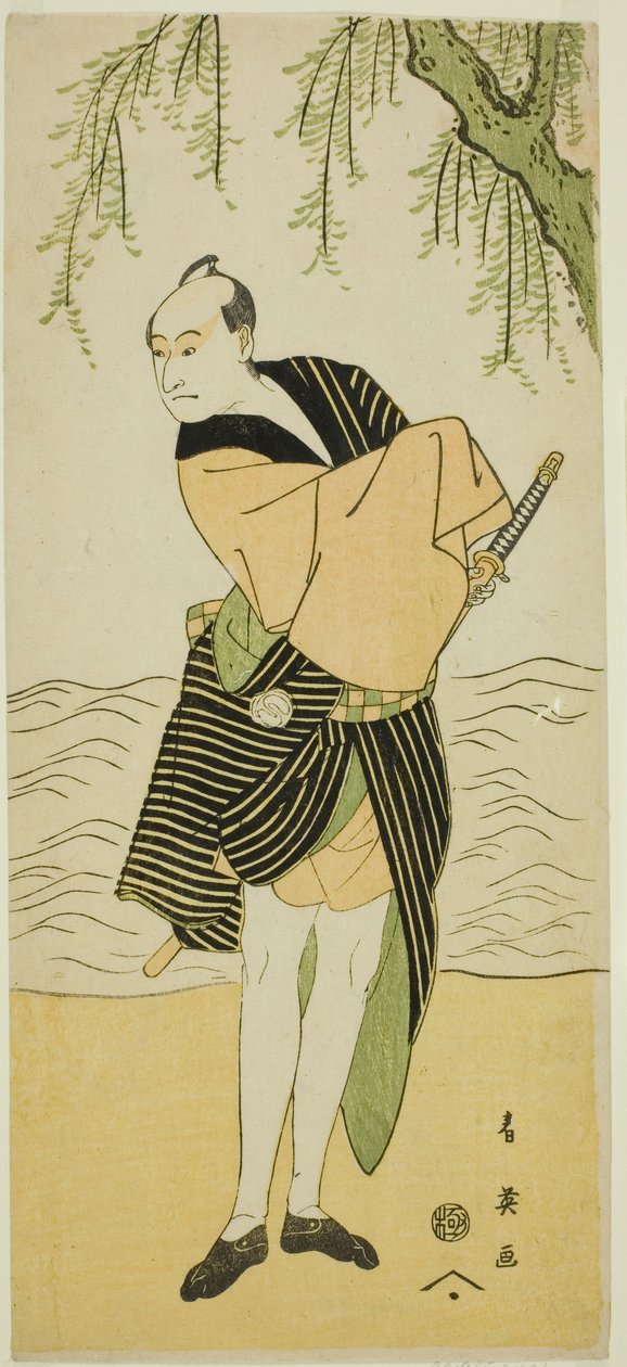 Herec Sawamura Sojuro III jako Ume no Yoshihei ve hře Suda no Haru Geisha Katagi, která se hrála v divadle Kiri v prvním měsíci roku 1796 od Katsukawa Shun