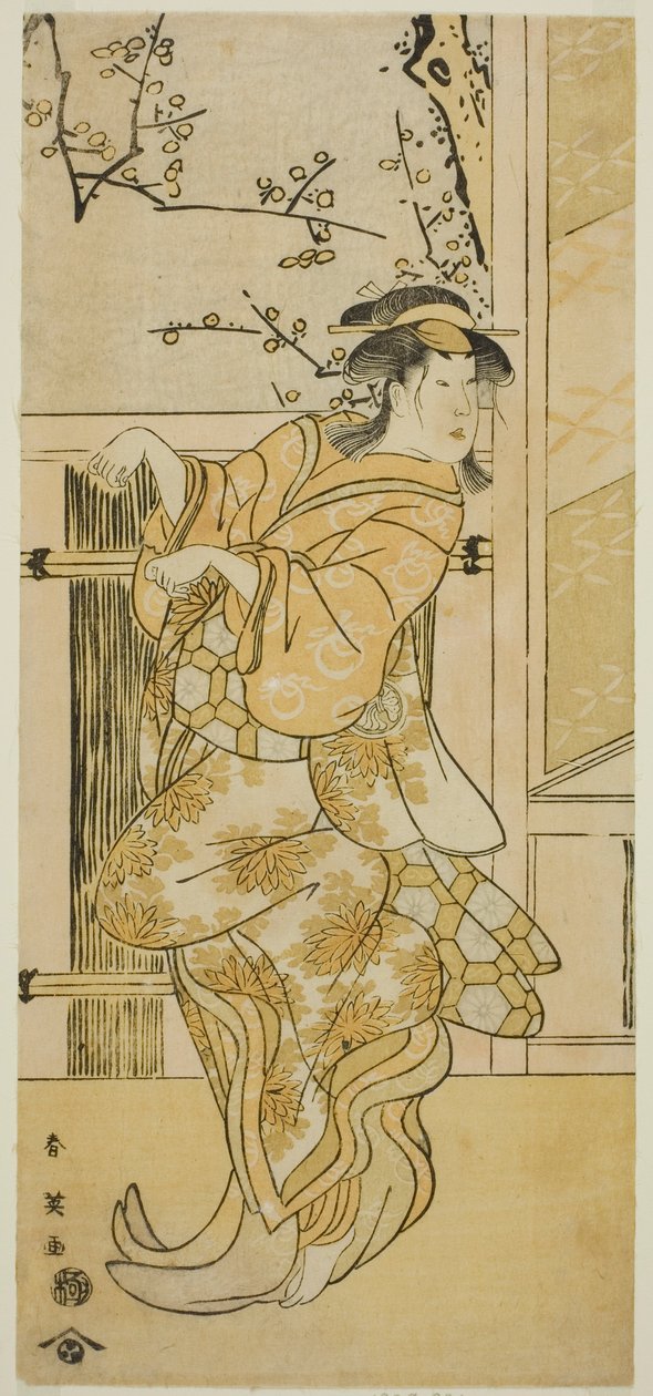 Herec Segawa Kikunojo III jako Kojoro-gitsune (liščí samice) v převleku za Omikiho ve hře Komachi-mura Shibai no Shogatsu, která se hrála v divadle Nakamura v jedenáctém měsíci roku 1789 od Katsukawa Shun