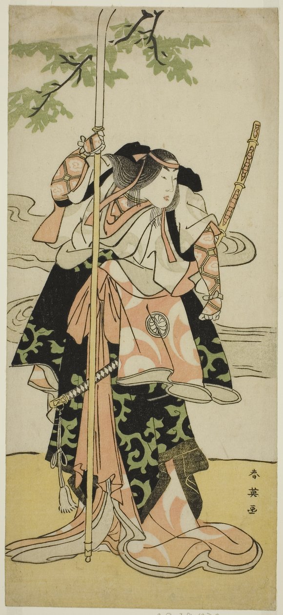 Herec Segawa Kikunojo III jako paní Tomoe (Tomoe Gozen) ve hře Yasa Gumbai Miyako no Jindori, hrané v divadle Miyako v jedenáctém měsíci, asi 1793 (barevný dřevoryt; hosoban) od Katsukawa Shun