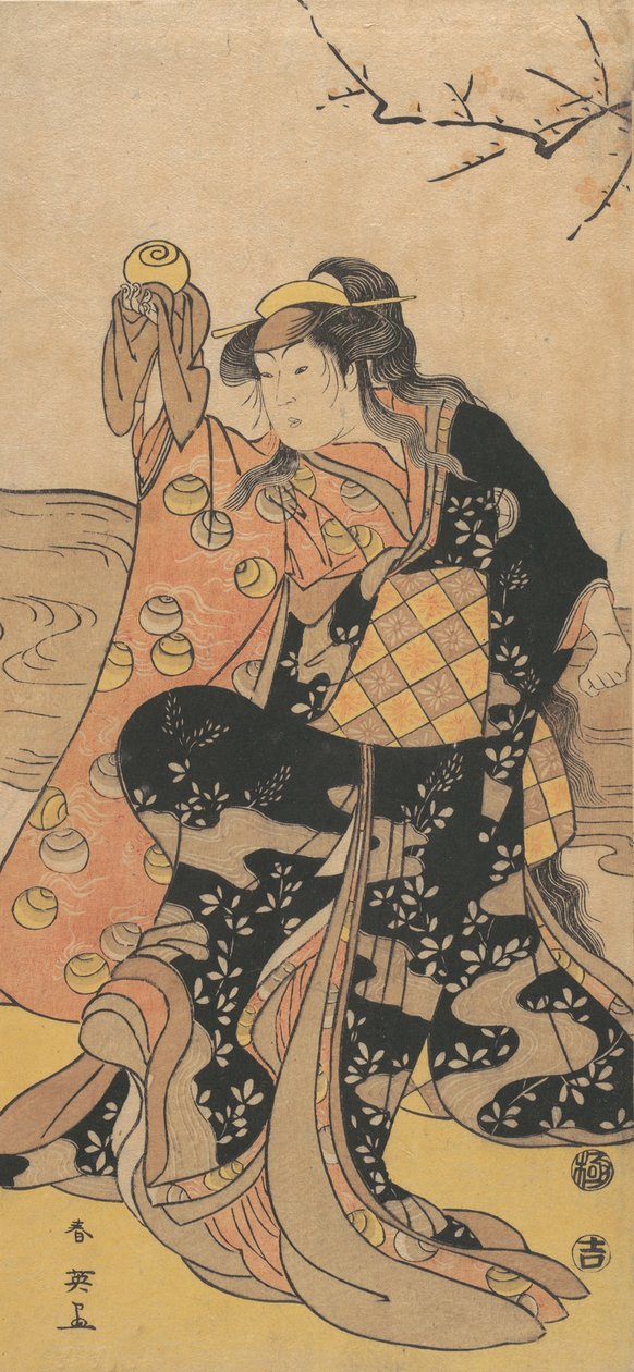 Čtvrtá Iwai Hanshiro jako žena držící křišťálovou kouli a tančící na břehu ..., ca. 1788. od Katsukawa Shun