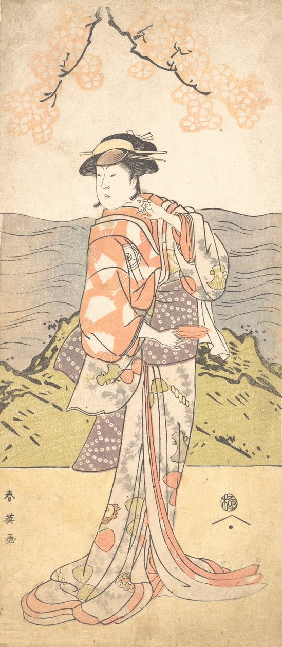 Čtvrtá Iwai Hanshiro jako žena stojící pod třešní, ca. 1792 od Katsukawa Shun