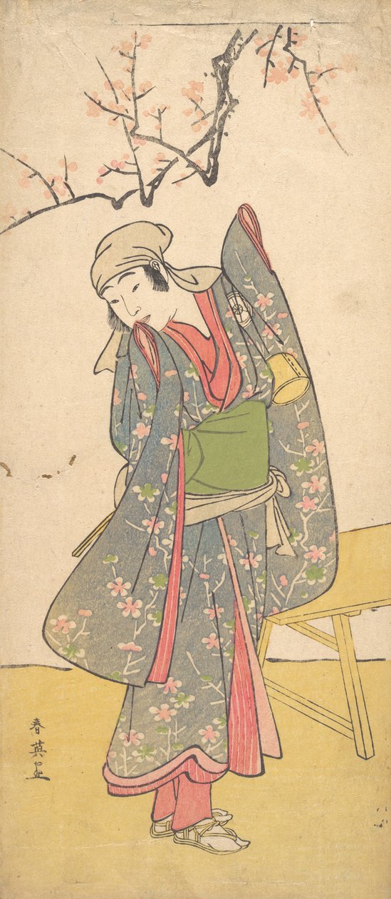 Čtvrtý Iwai Hanshiro jako mladá dívka stojící u dřevěné lavice, ca. 1790 od Katsukawa Shun