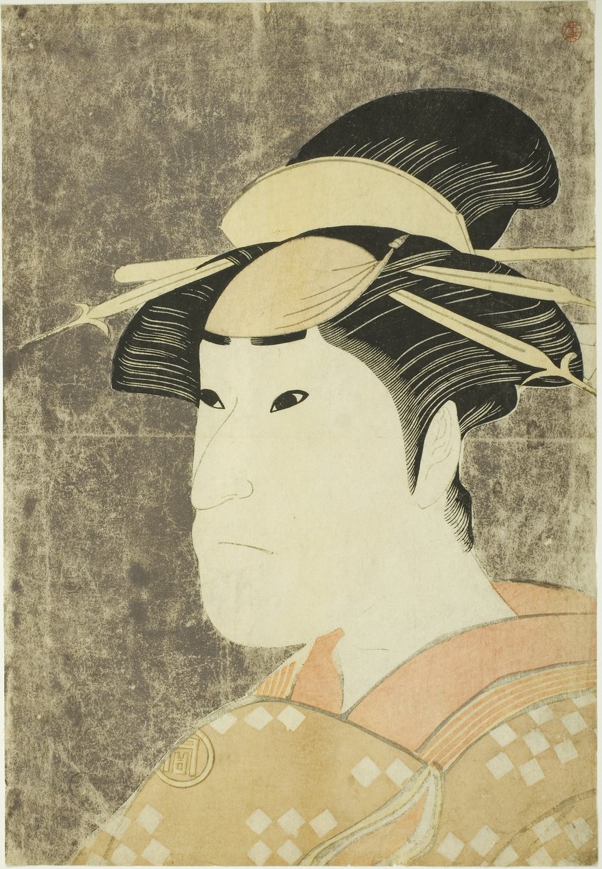 Herec Sanogawa Ichimatsu III jako prostitutka Gion Onayo ve hře „Hana-ayame Bunroku Soga“ vystoupil v divadle Miyako v pátém měsíci od Katsukawa Shunei