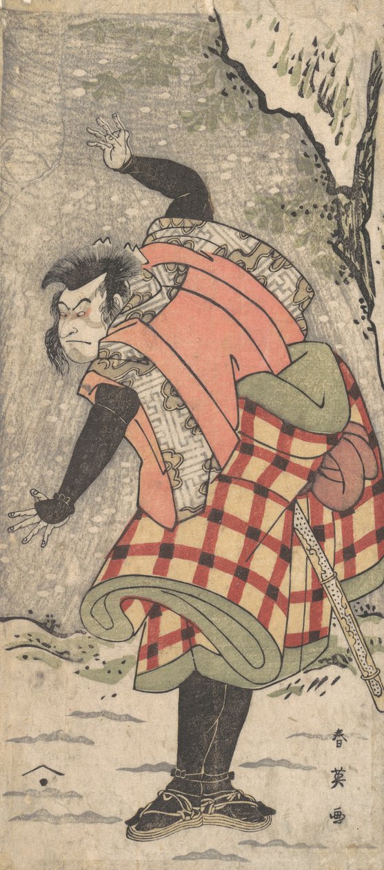 Neznámý herec jako Kyokaku stojící na úpatí útesu ve sněhové bouři, ca. 1793. od Katsukawa Shun