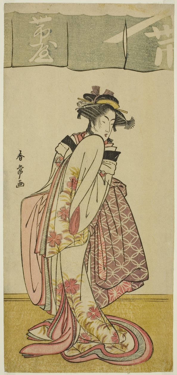 Herec Segawa Kikunojo III jako Shinanoya Ohan ve hře Kabuki no Hana Bandai Soga, uvedené v divadle Ichimura ve třetím měsíci, kolem roku 1786 (barevný dřevotisk; hosoban) od Katsukawa Shunjō