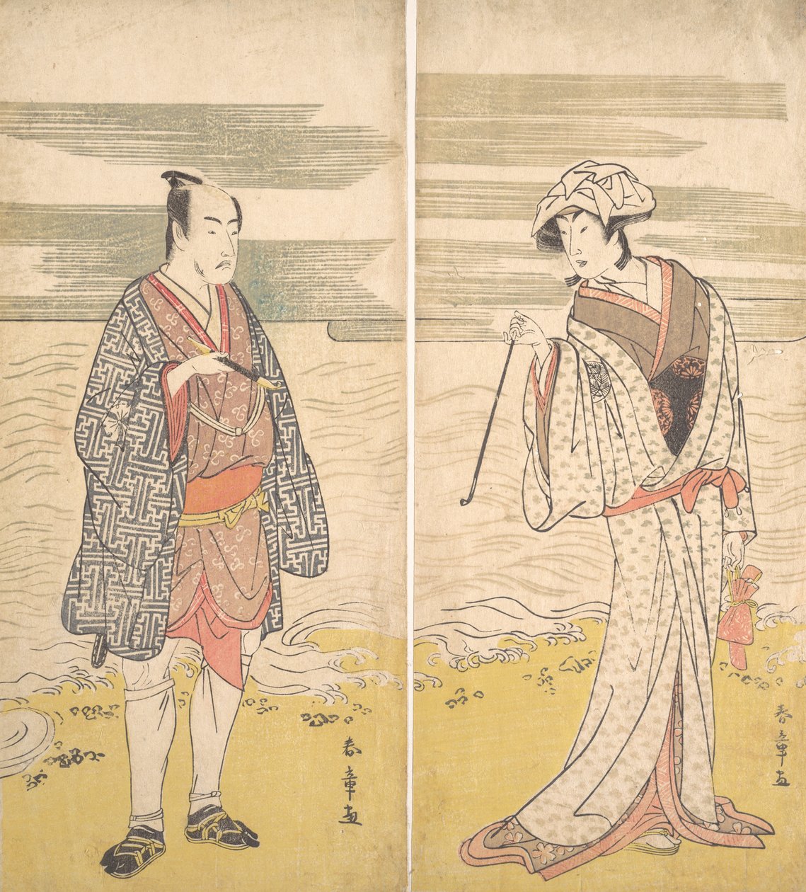 Dva herci: Čtvrtý Matsumoto Koshiro jako muž oblečený v krátkém kimonu [vlevo], 1779. od Katsukawa Shunjo