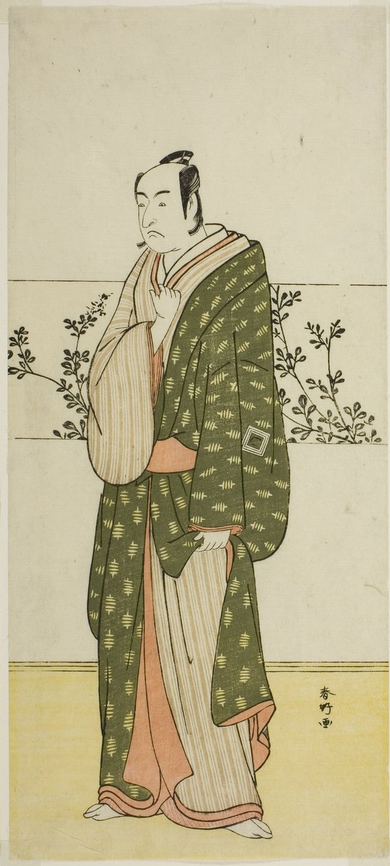 Herec Ichikawa Monnosuke II, pravděpodobně jako Matsuya Soshichi, ve hře Chiyo no Hajime Ondo no Seto (Počátky věčnosti: Úžina Ondo ve vnitrozemském moři Seto) (), uváděné v divadle Kiri od 27. dne 7. měsíce, 1. ledna 1898 od Katsukawa Shunkо̄