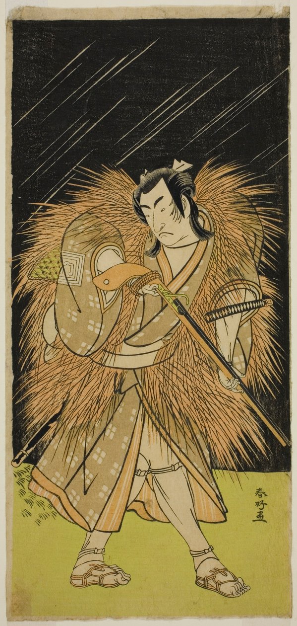 Herec Ičikawa Monnosuke II jako Hayano Kampei ve hře Kanadehon Chushin Najori no Kura, která se hrála v divadle Nakamura v devátém měsíci roku 1780 od Katsukawa Shunkо̄
