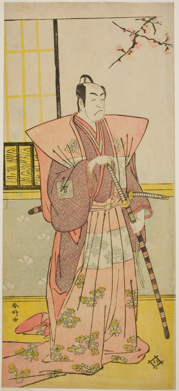 Herec Ičikawa Omezo I. jako Koyurugi Motomenosuke () ve hře Haru no Nishiki Date-zome Soga (), která se hrála v divadle Nakamura () v prvním měsíci roku 1790 () od Katsukawa Shunkо̄