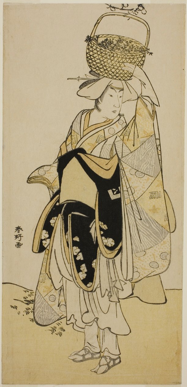 Herec Ichikawa Yaozo III jako Shiragiku v taneční sekvenci "Shinobu Uri" ve hře Hatsuhana Mimasu Soga, uvedené v divadle Nakamura v prvním měsíci roku 1785 od Katsukawa Shunkо̄