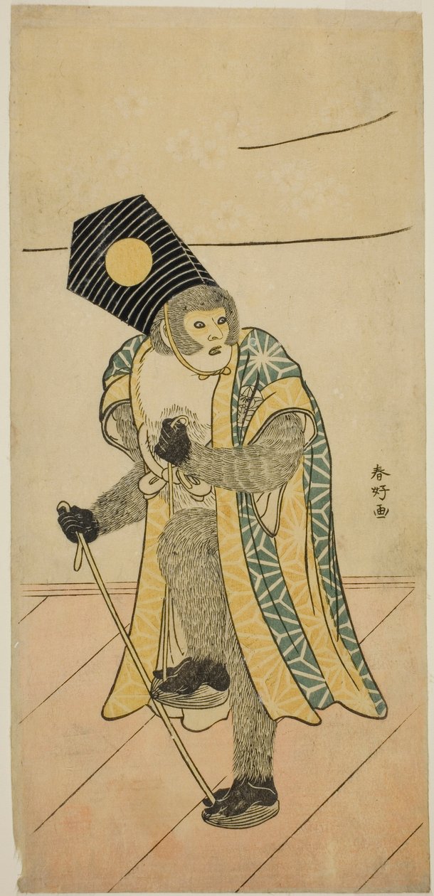 Herec Ičimura Uzaemon IX jako opice ve hře Mitsu Ningyo Yayoi no Hinagata, která se hrála v divadle Nakamura ve druhém měsíci roku 1785 od Katsukawa Shunkо̄