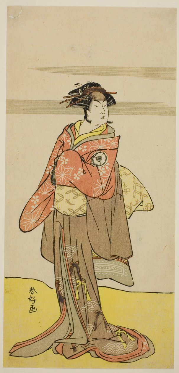 Herec Iwai Hanshiro IV. jako Hitomaru převlečený za gejšu Oshun ve hře Edo no Hana Mimasu Soga, která se hrála v divadle Nakamura ve třetím měsíci roku 1783 od Katsukawa Shunkо̄