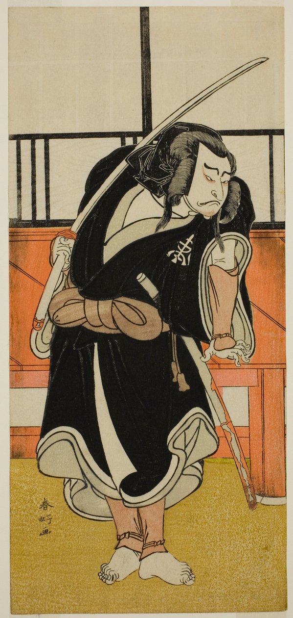 Herec Nakamura Nakazo I. jako Aso no Matsuwaka () ve hře Iro Moyo Aoyagi Soga (), hrané v divadle Nakamura () ve druhém měsíci roku 1775 () od Katsukawa Shunkо̄