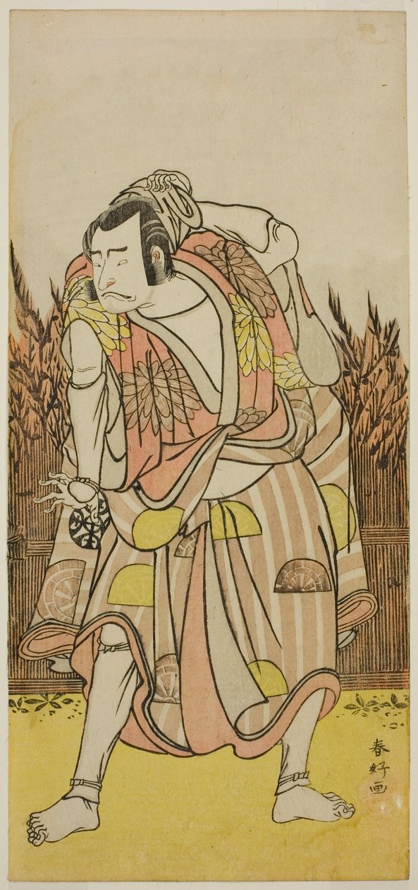 Herec Nakamura Nakazo I. jako Hačiman Taro Jošiie () ve hře Oshu Adachi ga Hara (), hrané v divadle Nakamura () ve čtvrtém měsíci roku 1775 () od Katsukawa Shunkо̄