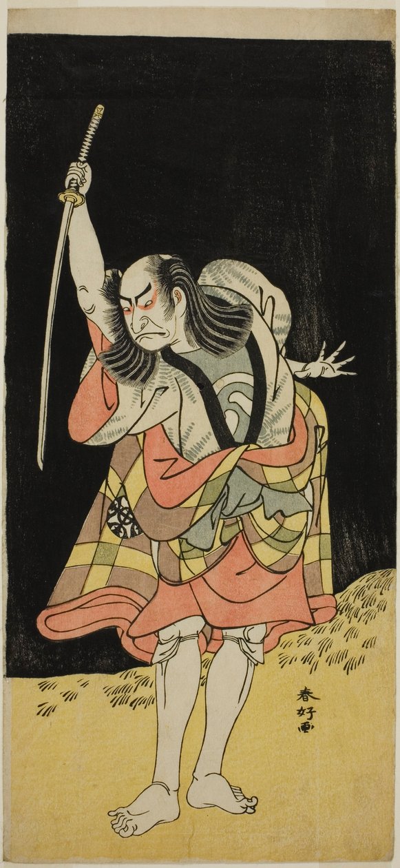 Herec Nakamura Nakazo I. jako Ippei () ve hře Koi Nyobo Somewake Tazuna (), hrané v divadle Ichimura () v osmém měsíci roku 1778 () od Katsukawa Shunkо̄