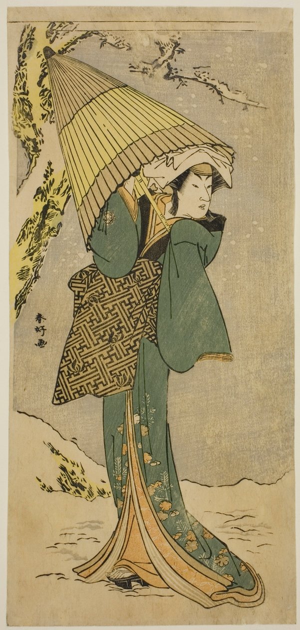 Herec Nakamura Riko I. jako Kiyotaki ve hře Oakinai Hiru ga Kojima, která se hrála v divadle Nakamura v jedenáctém měsíci roku 1784 od Katsukawa Shunkо̄
