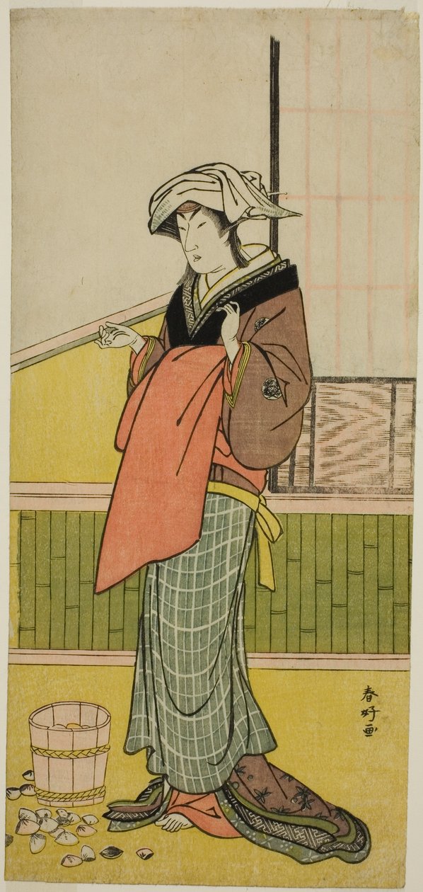 Herec Nakamura Riko I jako Moshio () ve hře Honda Yayoi Meoto Junrei (), která se hrála v divadle Ichimura () v sedmém měsíci roku 1778 () od Katsukawa Shunkо̄