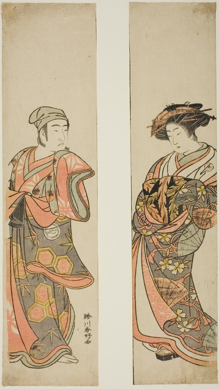 Herec Nakamura Tomijuro I. jako kurtizána (vpravo) a Sawamura Sojuro III. jako Oyamada Taro () převlečený za Tarosaku z vesnice Oyamada (vlevo) ve hře "Azuma no Mori Sakae Kusunoki", která se hrála v divadle Ichimura v jedenáctém měsíci roku 1779. od Katsukawa Shunkо̄
