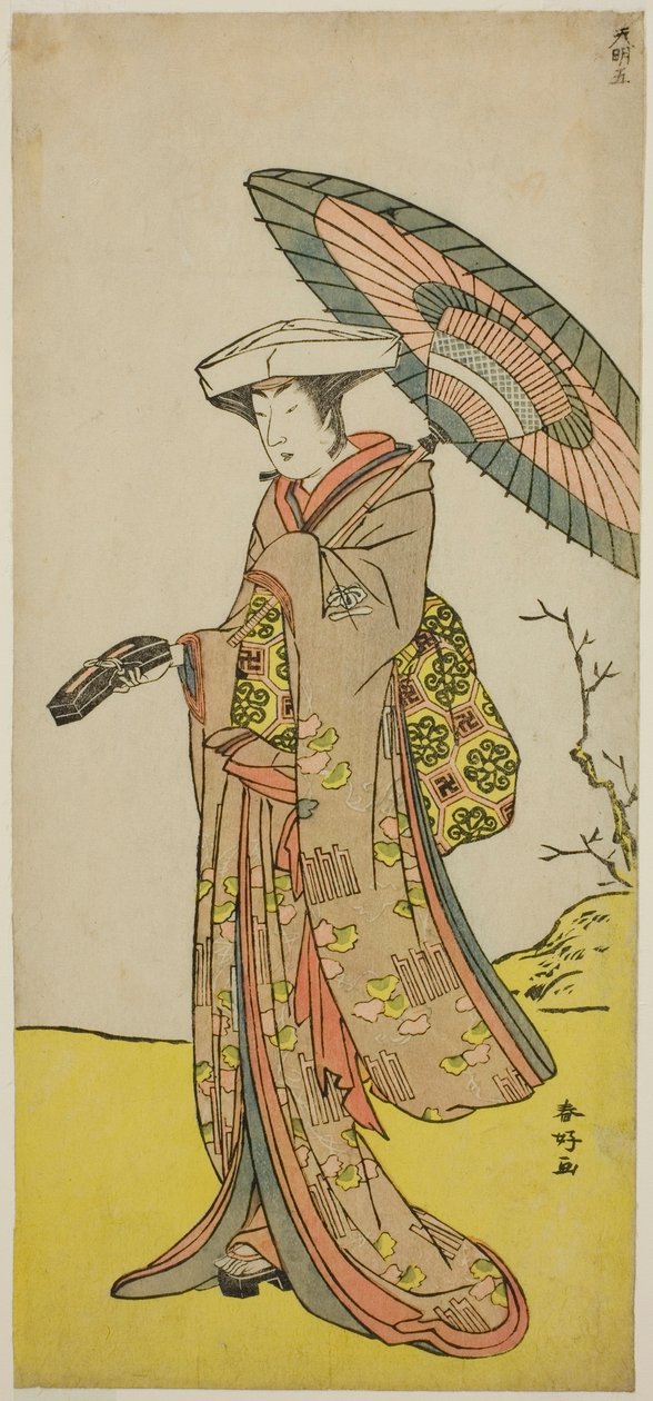Herec Nakayama Kojuro VI jako Chinzei Hachiro Tametomo převlečený za paní Hotoke (Hotoke Gozen) ve hře Yukimotsu Take Furisode Genji, která se hrála v divadle Nakamura v jedenáctém měsíci roku 1785 od Katsukawa Shunkо̄