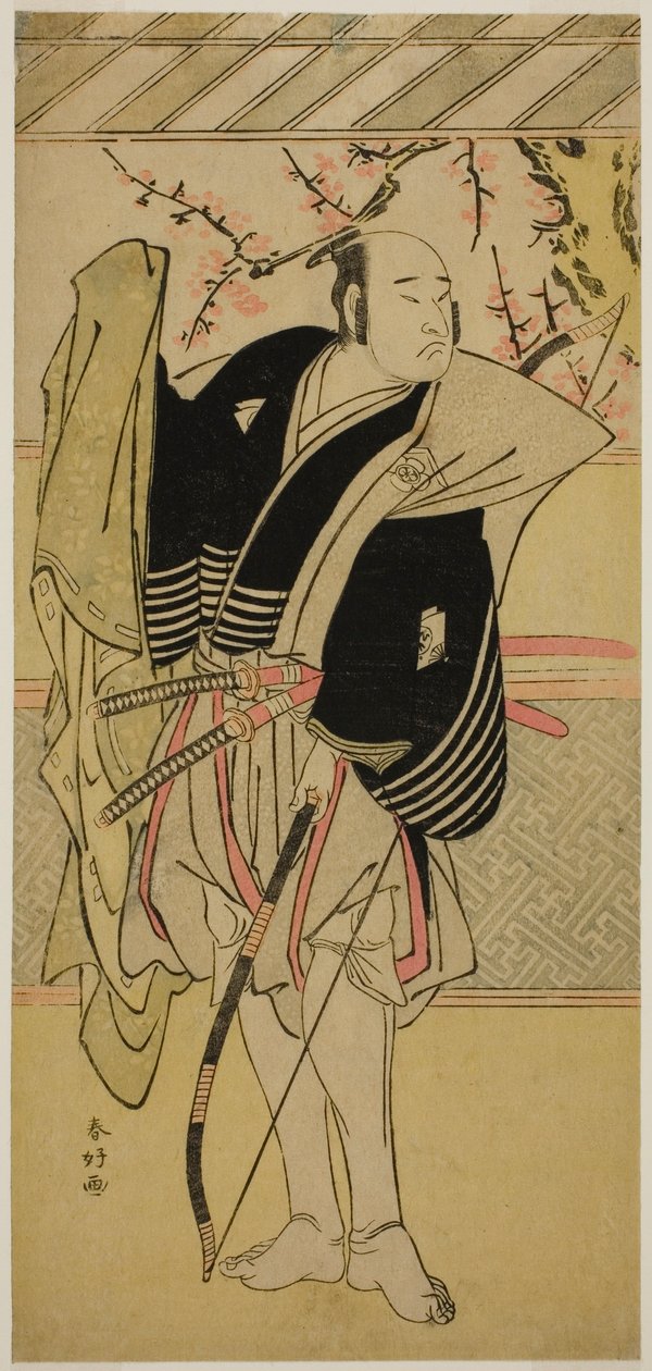 Herec Onoe Matsusuke I. jako Yawata no Saburo () ve hře Edo no Hana Mimasu Soga (), hrané v divadle Nakamura () v prvním měsíci roku 1783 () od Katsukawa Shunkо̄
