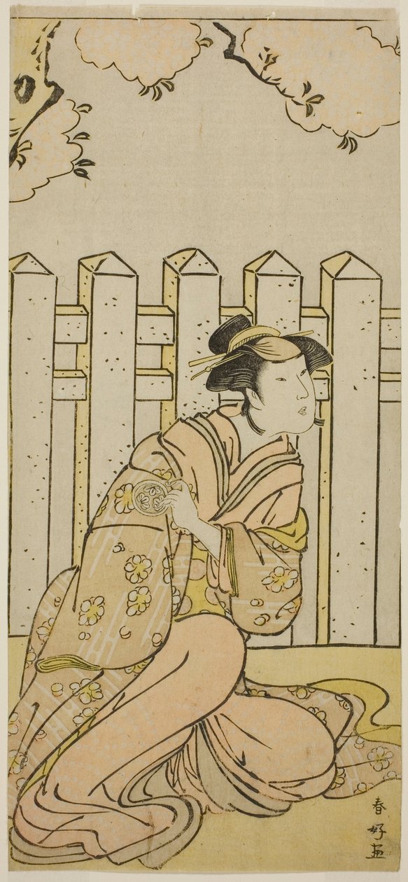 Herec Osagawa Tsuneyo II jako Onoe ve hře Haru no Nishiki Date-zome Soga, která se hrála v divadle Nakamura ve čtvrtém měsíci roku 1790 od Katsukawa Shunkо̄