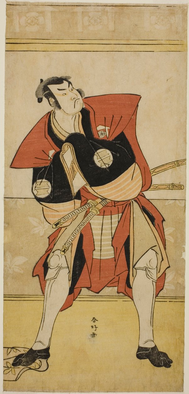 Herec Sakata Hangoro III jako Omi no Kotoda ve hře Haru no Nishiki Date-zome Soga, která se hrála v divadle Nakamura ve druhém měsíci roku 1790 od Katsukawa Shunkо̄