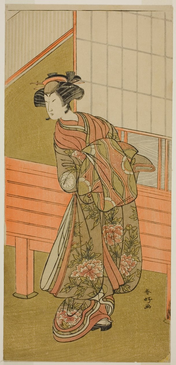 Herec Segawa Kikunojo III jako kurtizána Takamura z Onoteruya () ve hře Sugata no Hana Yuki no Kuromushi (), hrané v divadle Ichimura () v jedenáctém měsíci roku 1776 () od Katsukawa Shunkо̄